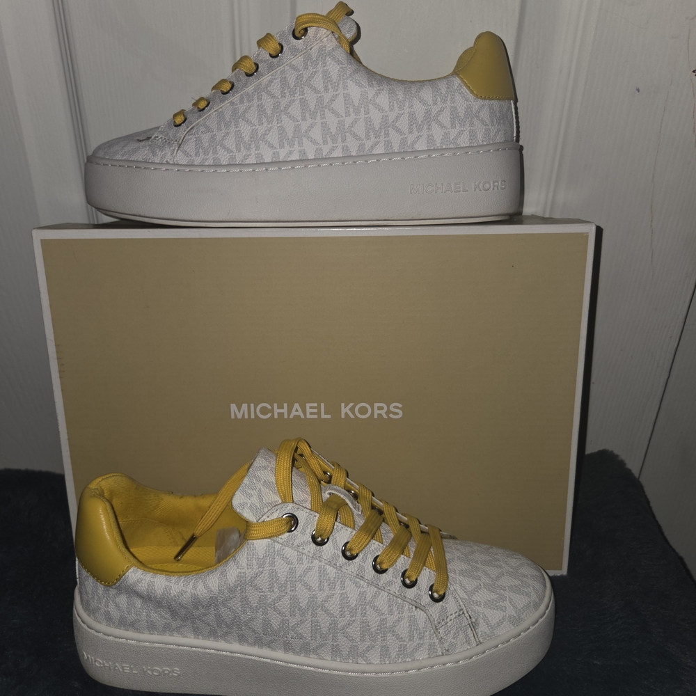 Michael Kors White and Yellow Logo Sneakers